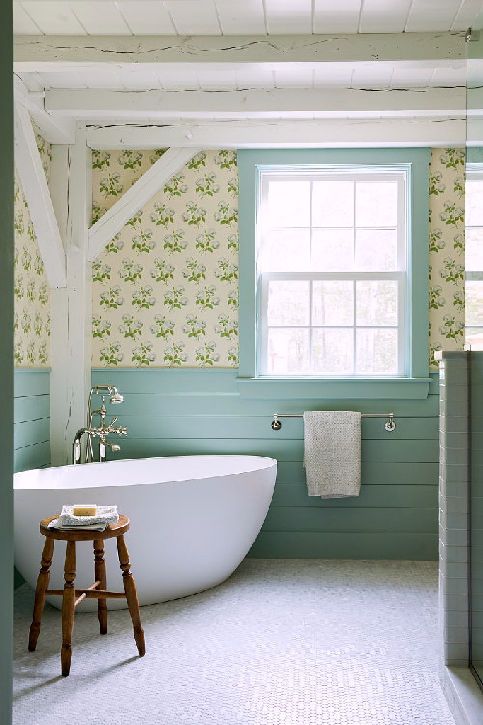 vintage cottage bathroom with free standing tub