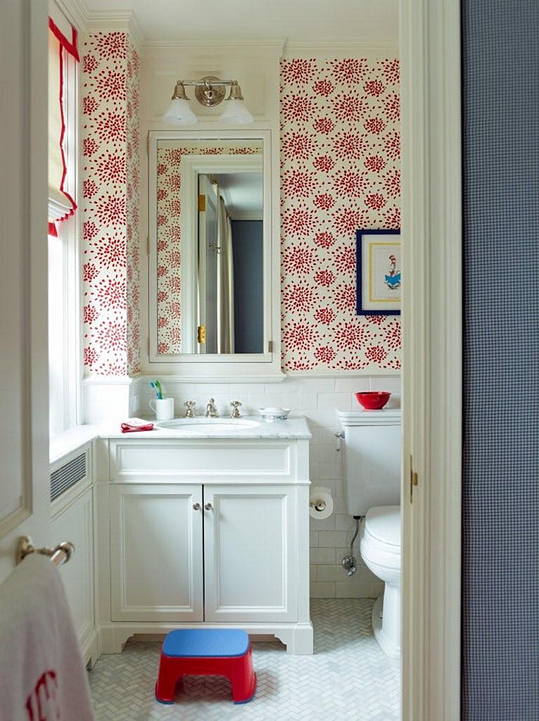 red and white family bathroom