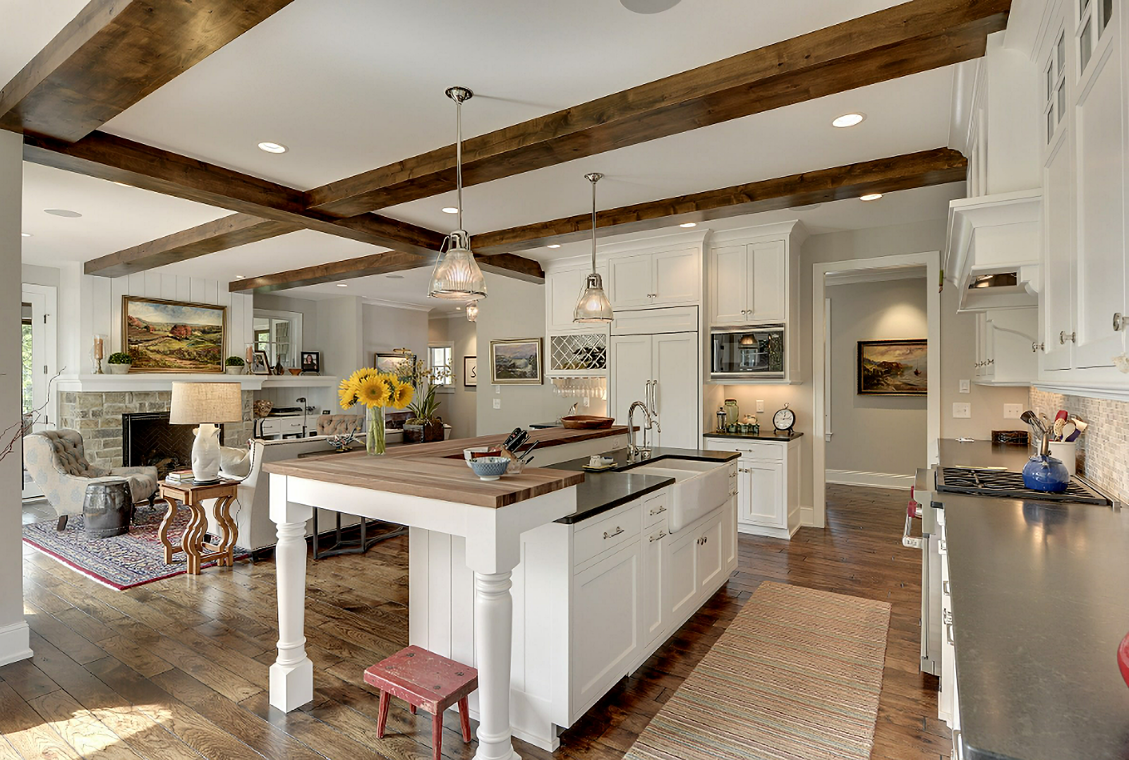 traditional kitchen and family room