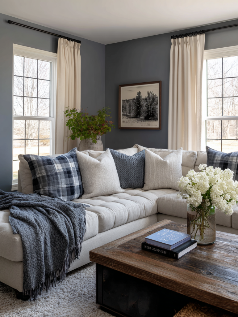 winter living room with sectional sofa