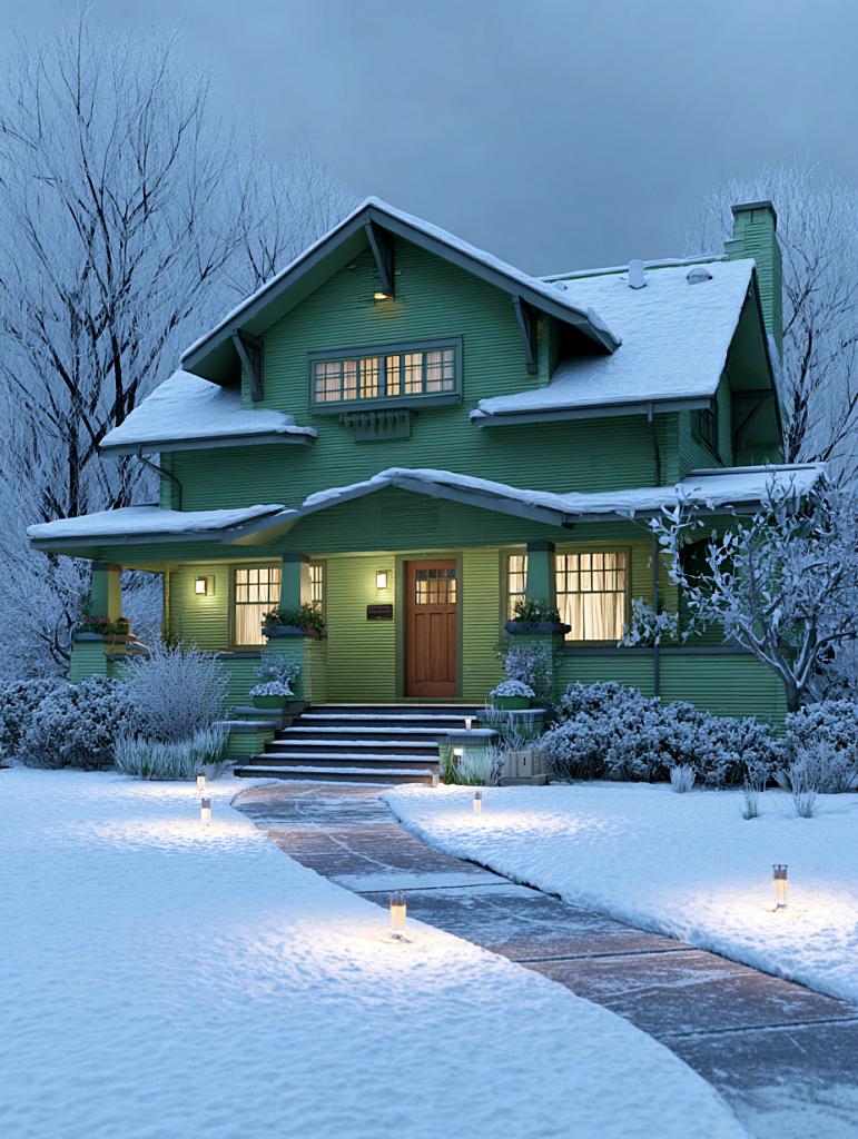 green bungalow in snow
