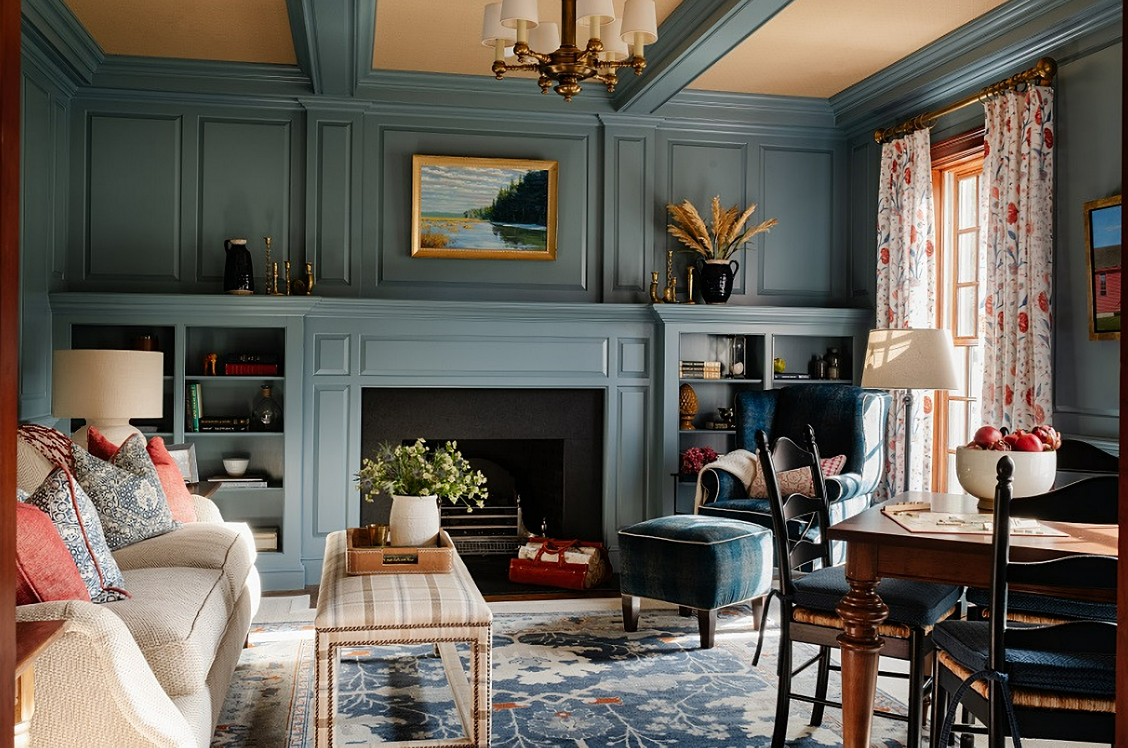 stunning dark blue family room with fireplace
