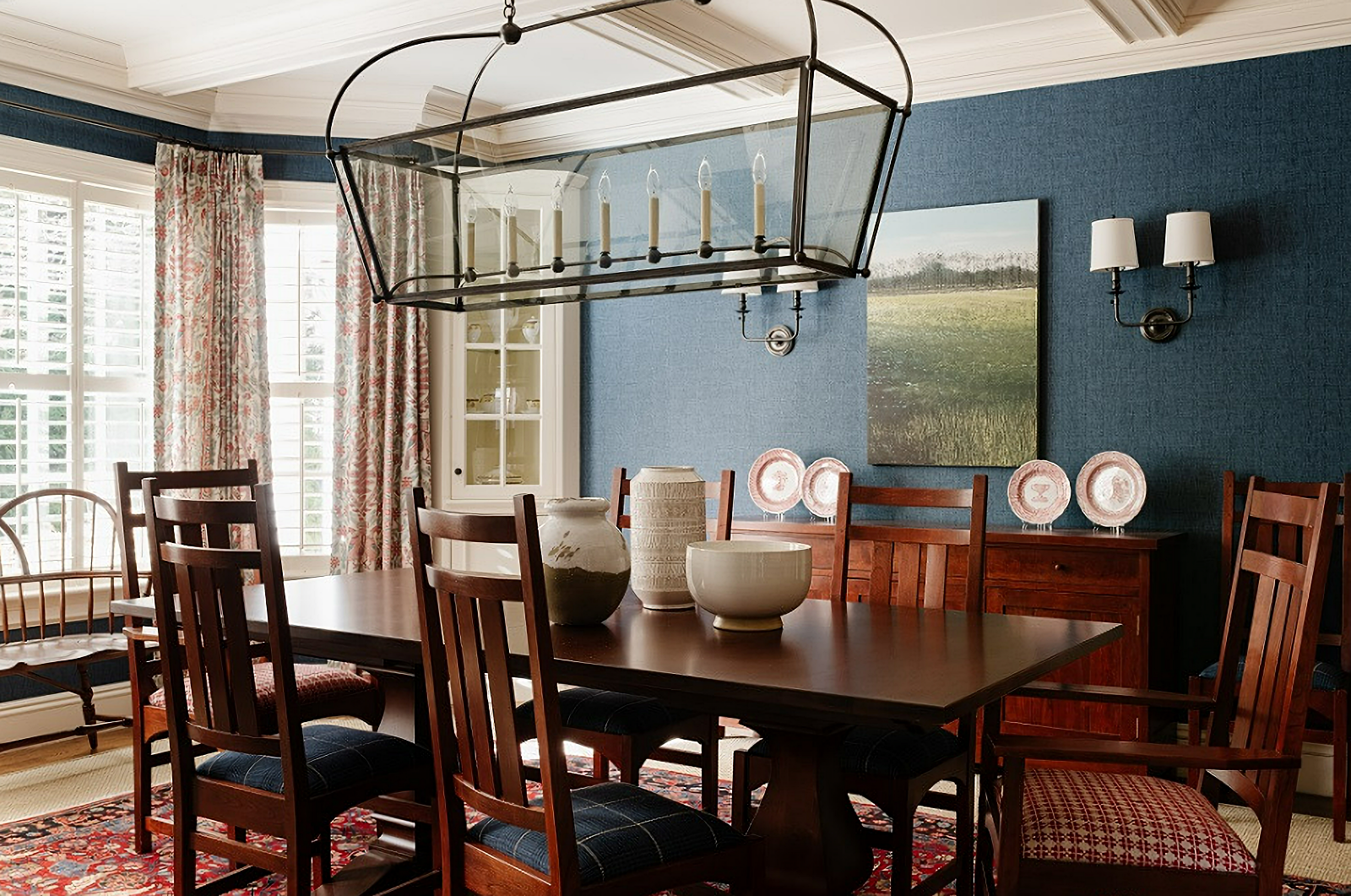 dark blue traditional dining room in Colonial home