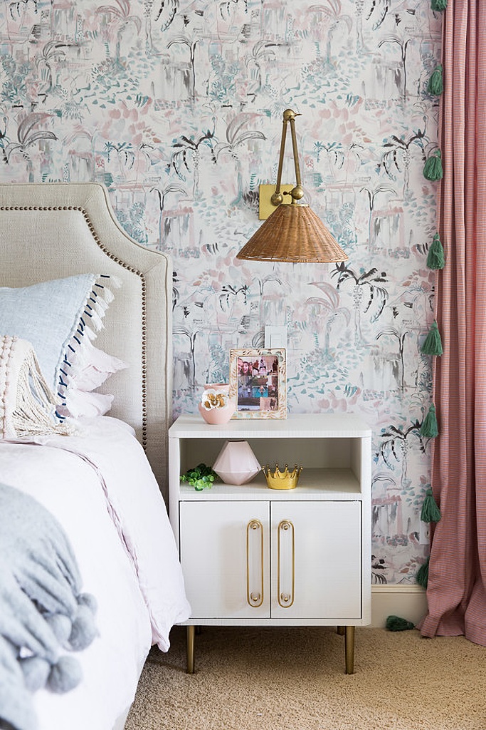 boho bedroom in pink and blue
