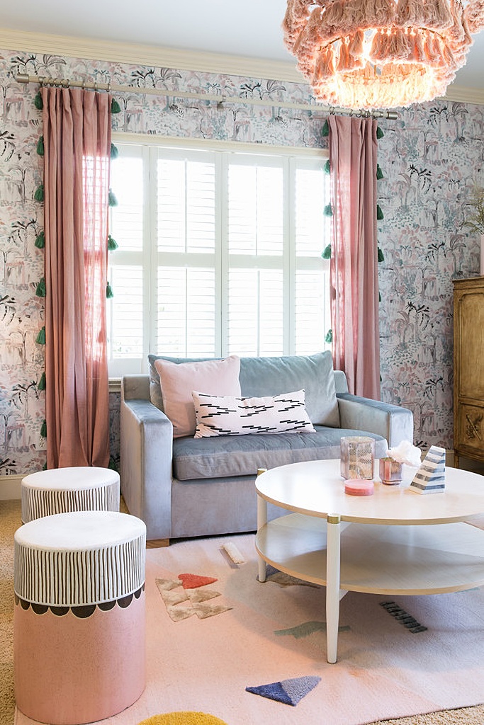 pink curtains with green tassels