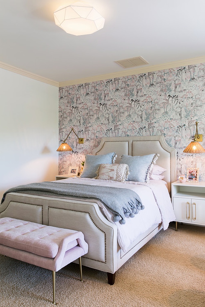 upholstered bed in soft blue and pink