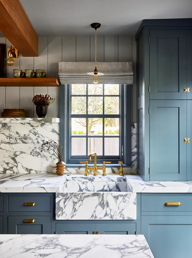 dark blue painted trim in kitchen