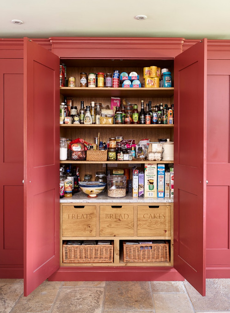 red pantry with pull-out drawers