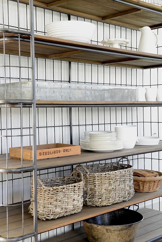 wire and wood shelving unit for kitchen
