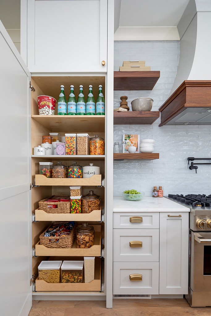 kitchen pantry with pull-out doors for convenience