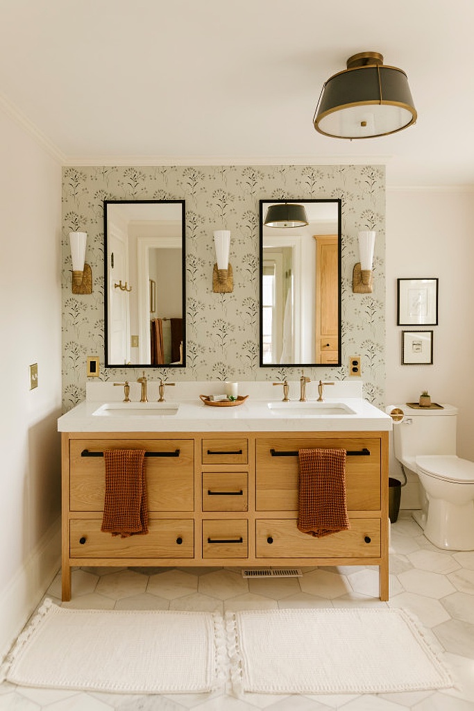warm wood bathroom vanity with double sink