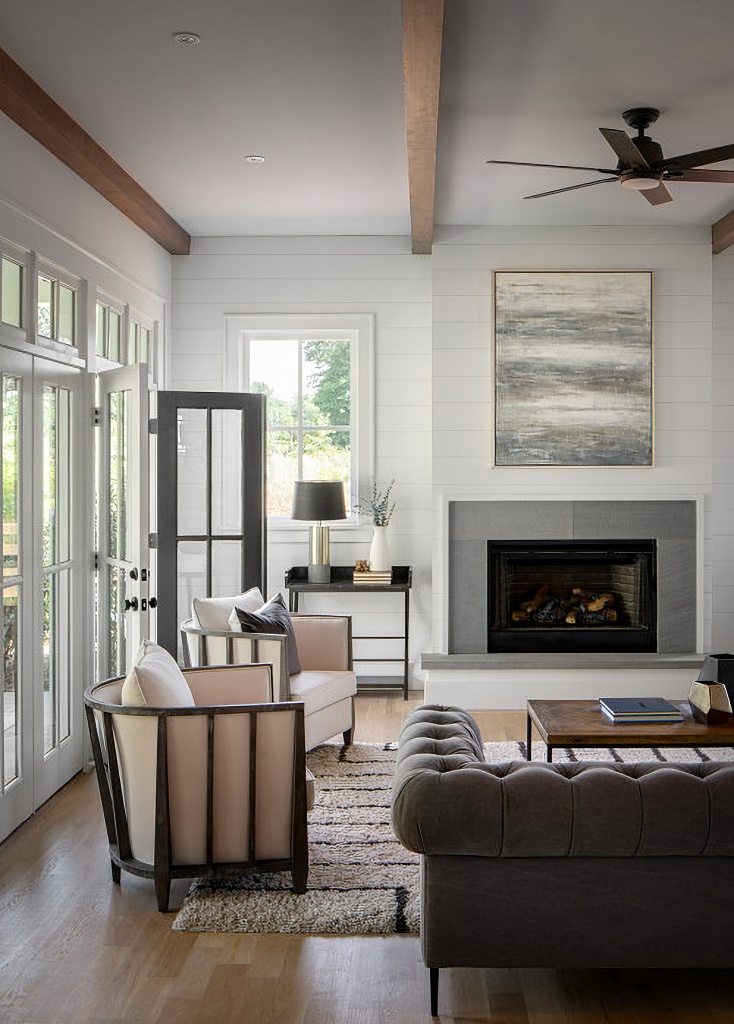 modern farmhouse living room in neutral palette