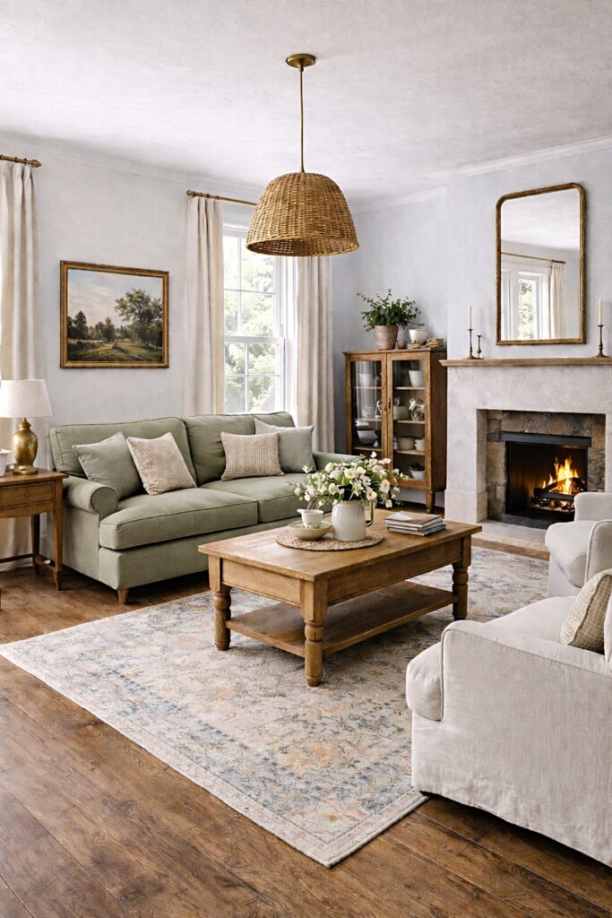 traditional country living room with wood flooring