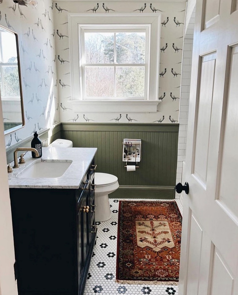 Georgia farmhouse bathroom with penny tile and wainscoting