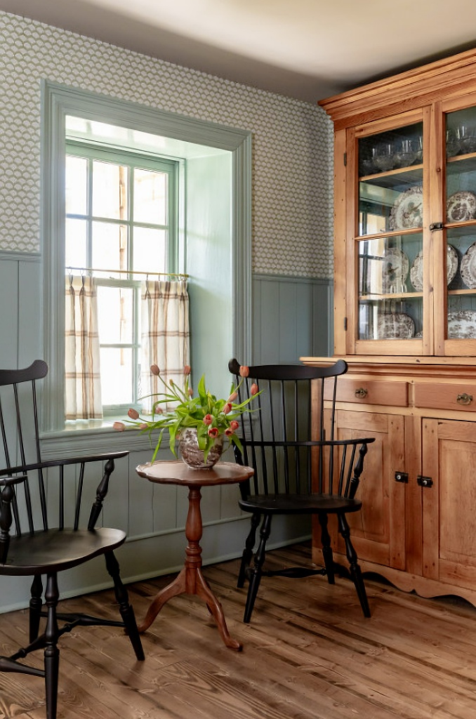 wooden hutch in dining room of charming old home