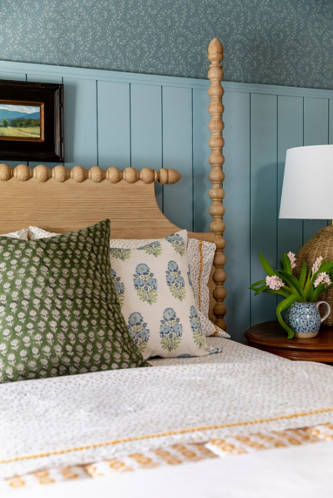 cozy blue bedroom with twin wooden beds