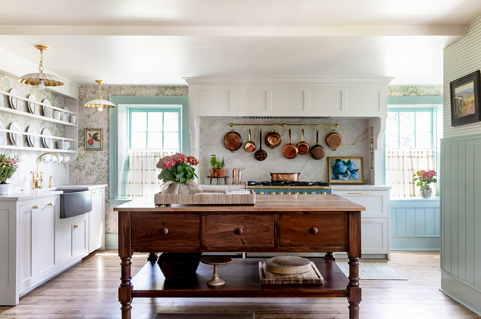 Beautiful English style cottage kitchen with large wood island
