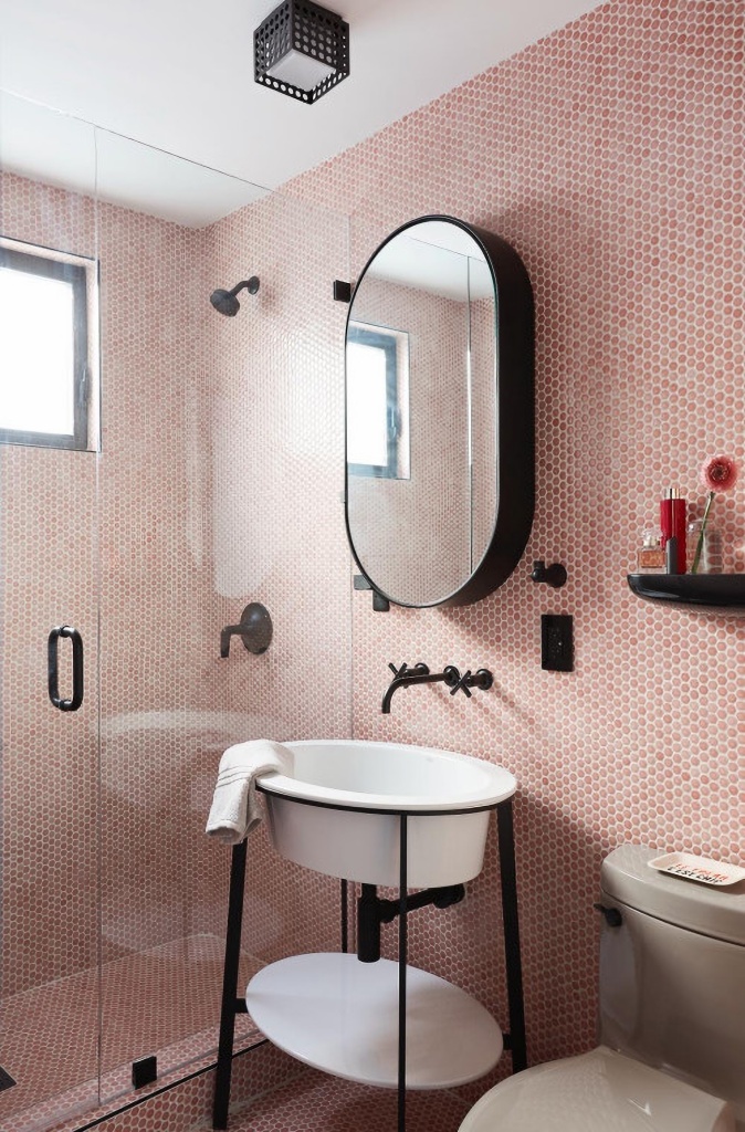 pink penny tile bathroom