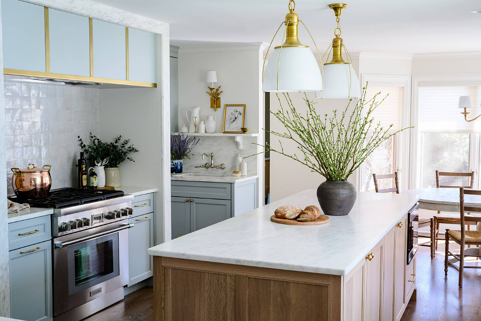 pale blue and white transitional kitchen