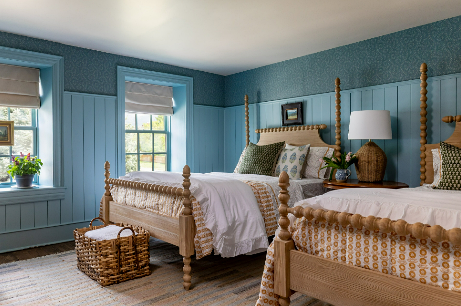 cozy blue bedroom with twin wooden beds