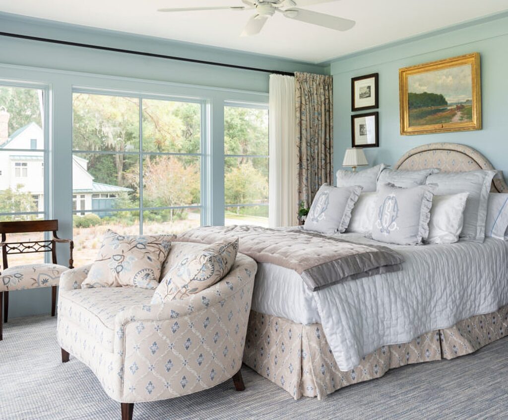 soft blue primary bedroom in traditional style