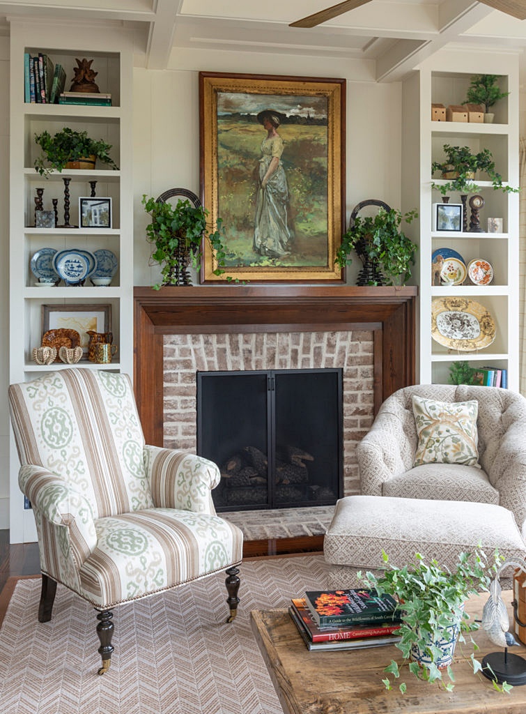 Southern style living room with fireplace