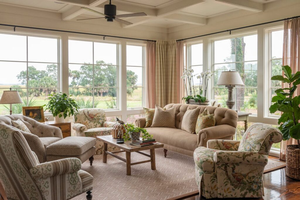 walls of windows create an elegant yet sunny living room