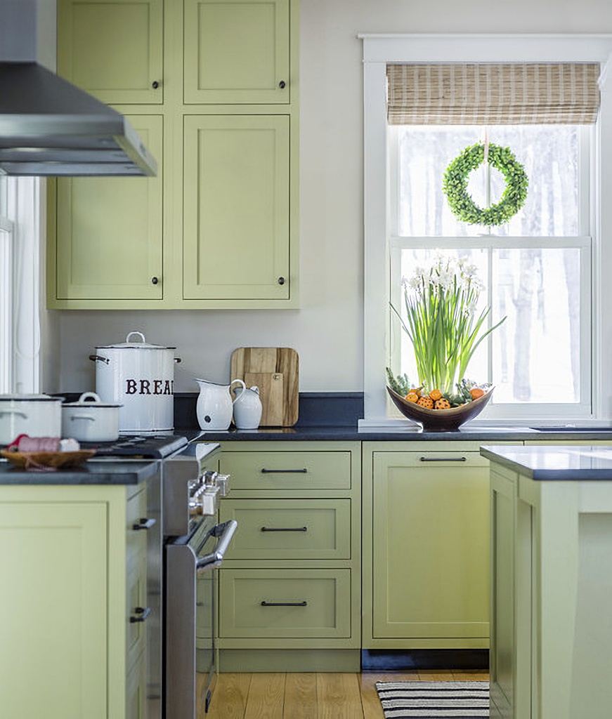 spring green cabinets with dark countertops - pastel kitchens