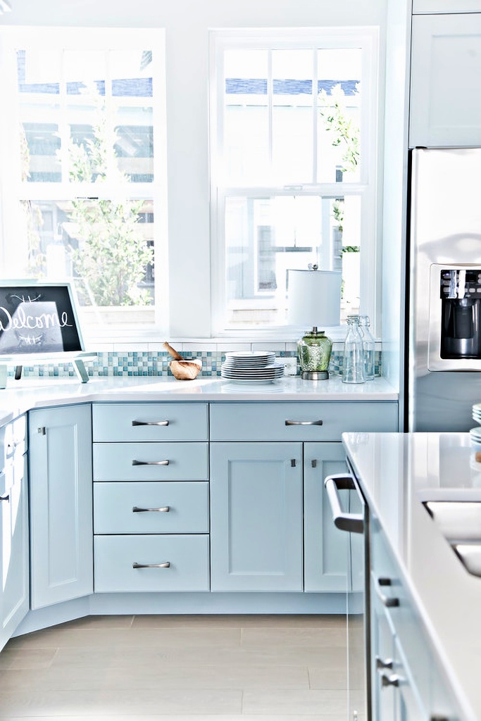 pale blue and white kitchen