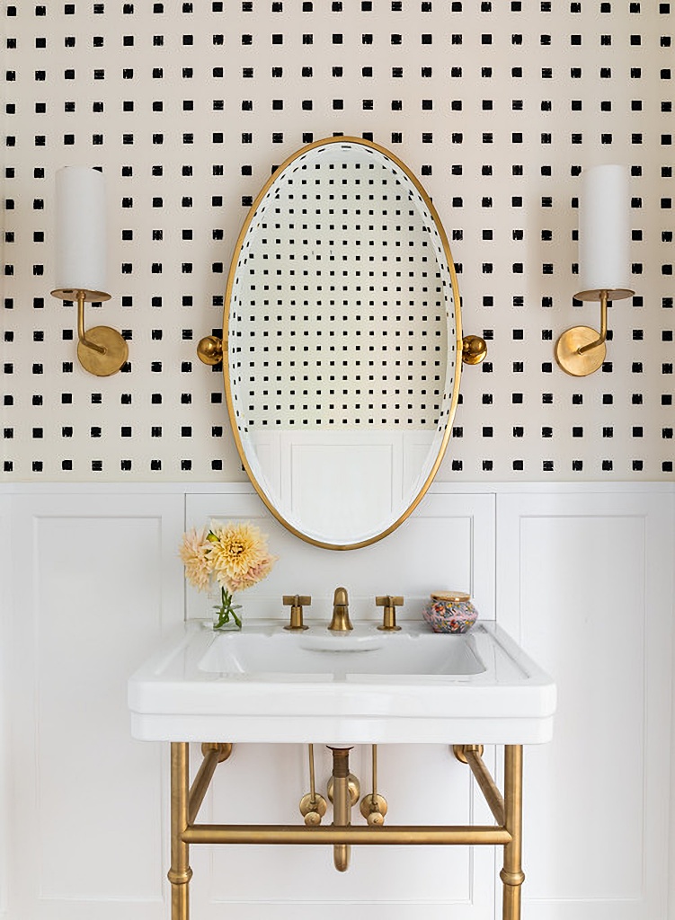 powder room with graphic wallpaper