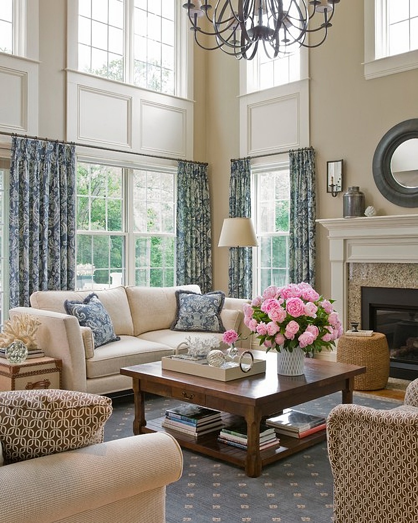 traditional blue and cream living room dressed for spring