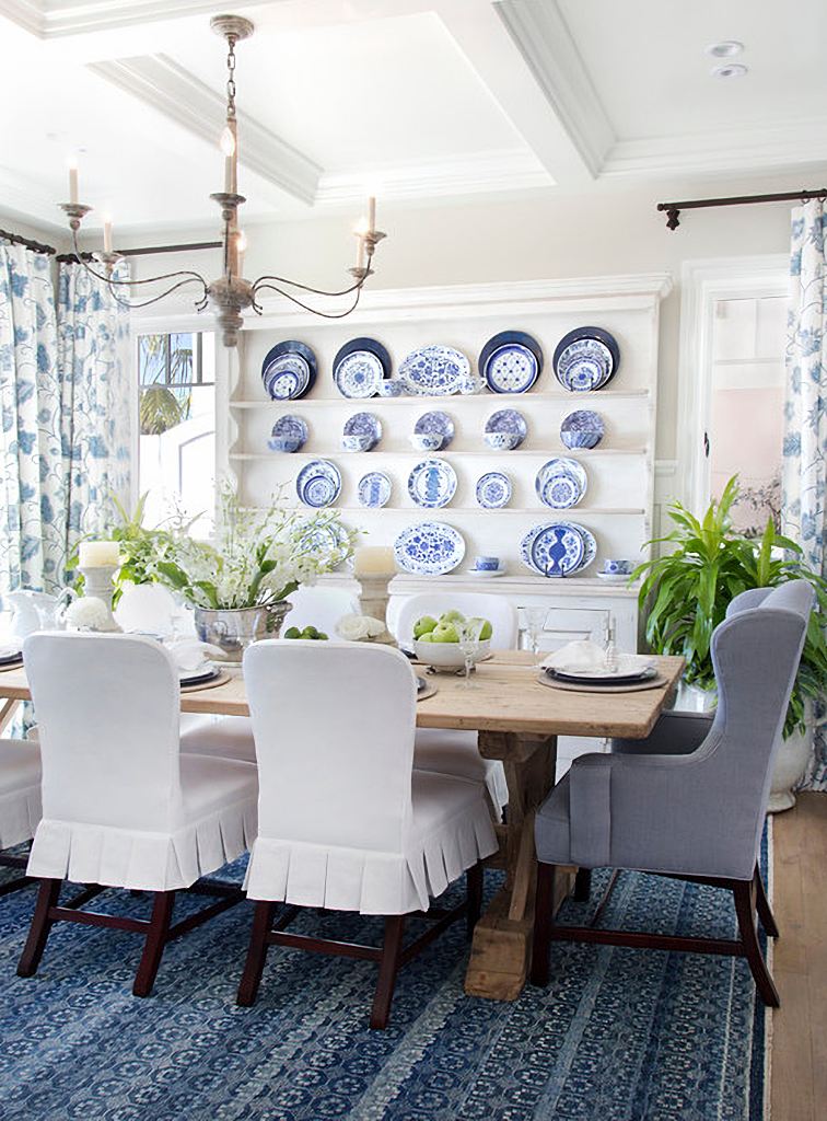 upholstered dining chairs in blue and white