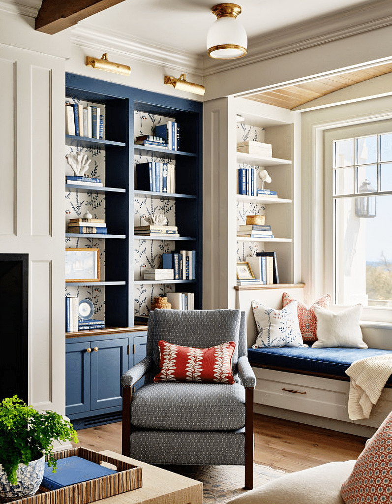 living room with built-in bookcases