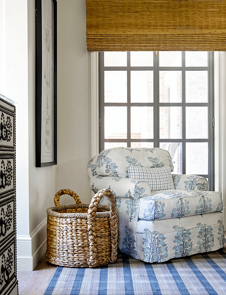 plush blue and white arm chair