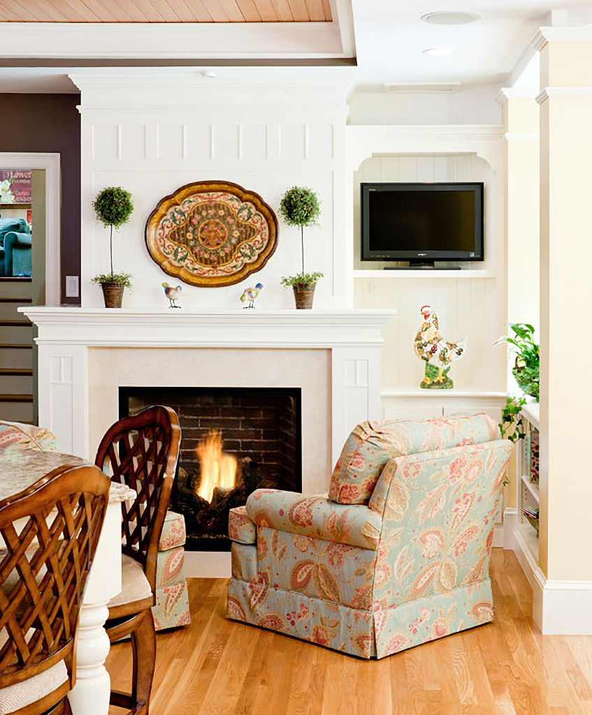 cozy seating in front of a fireplace