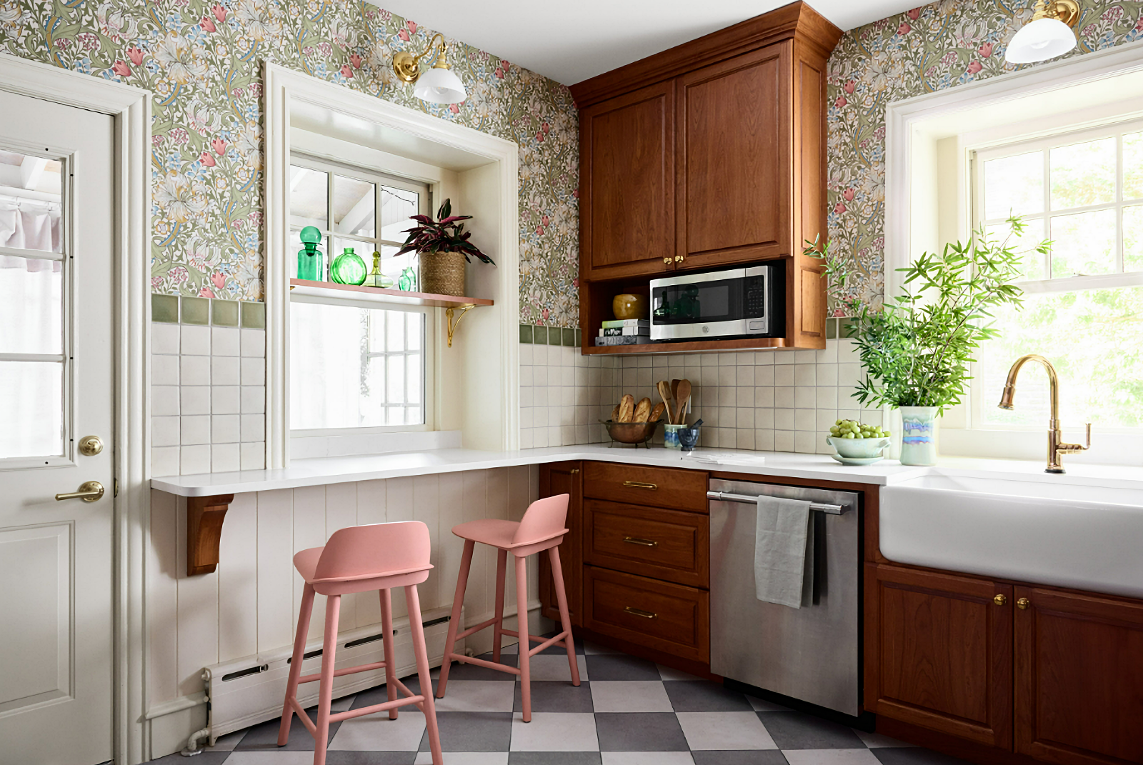 beautiful craftsman style kitchen in pink and green