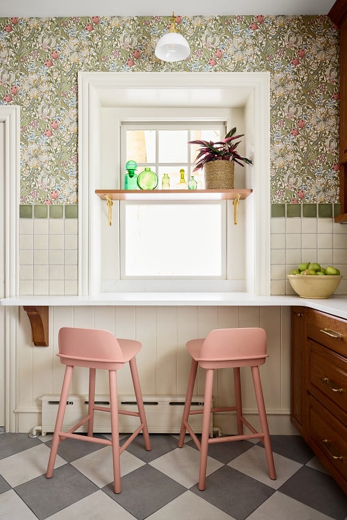 pink and green craftsman kitchen