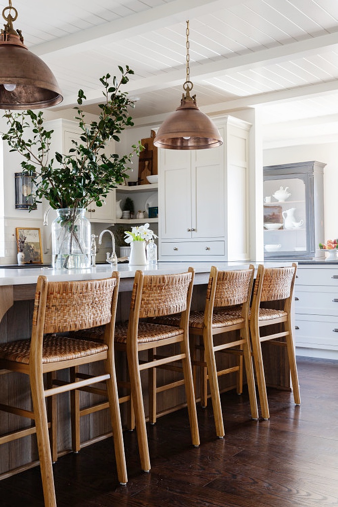 modern country kitchen with island and rattan bar stools