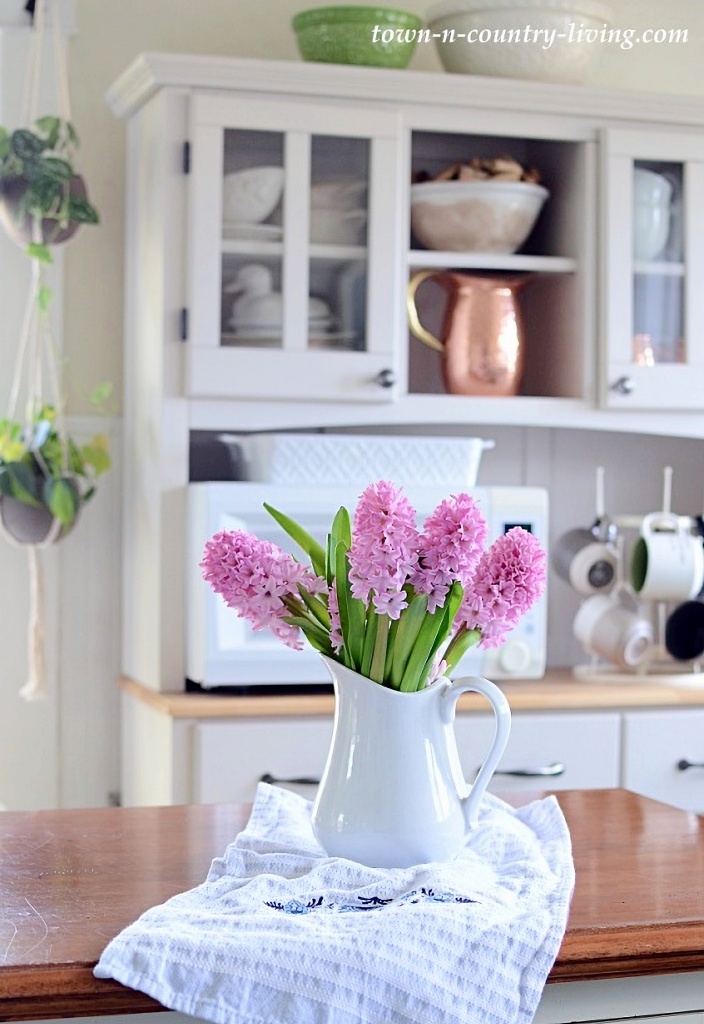 pink hyacinth bouquet in kitchen