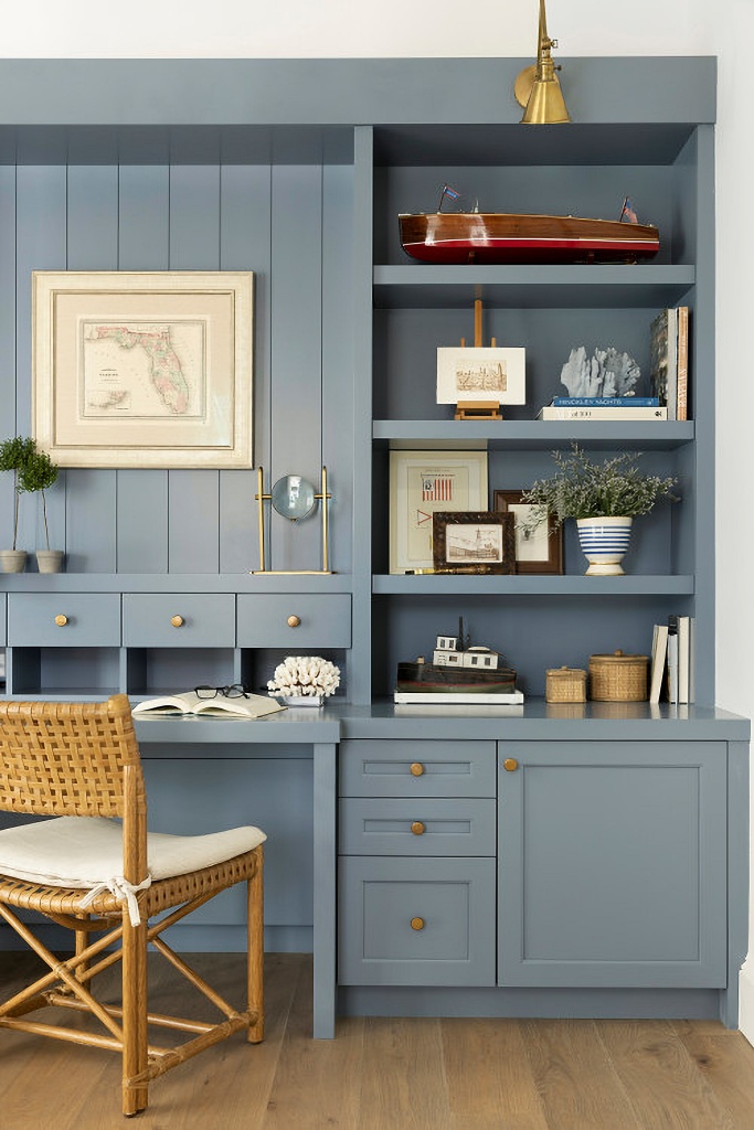 gray-blue home office with built-ins