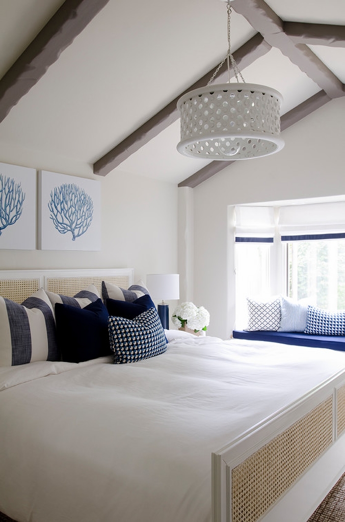 navy and white coastal style bedroom