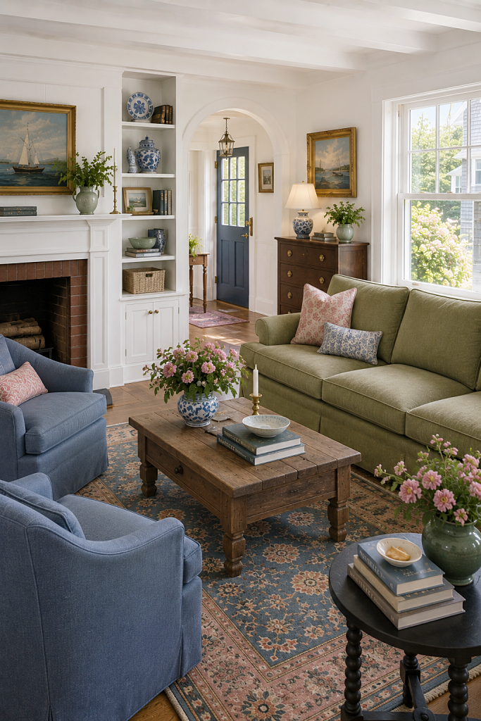 green, blue, and pink living room