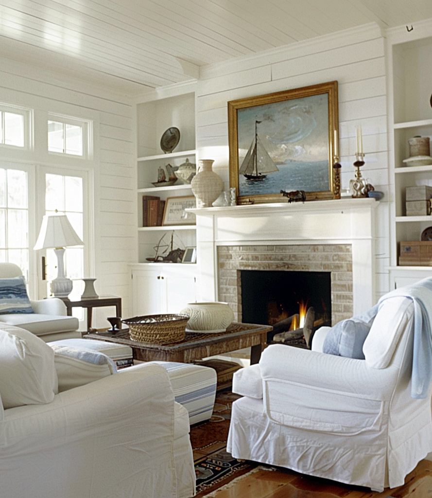 a charming white coastal living room