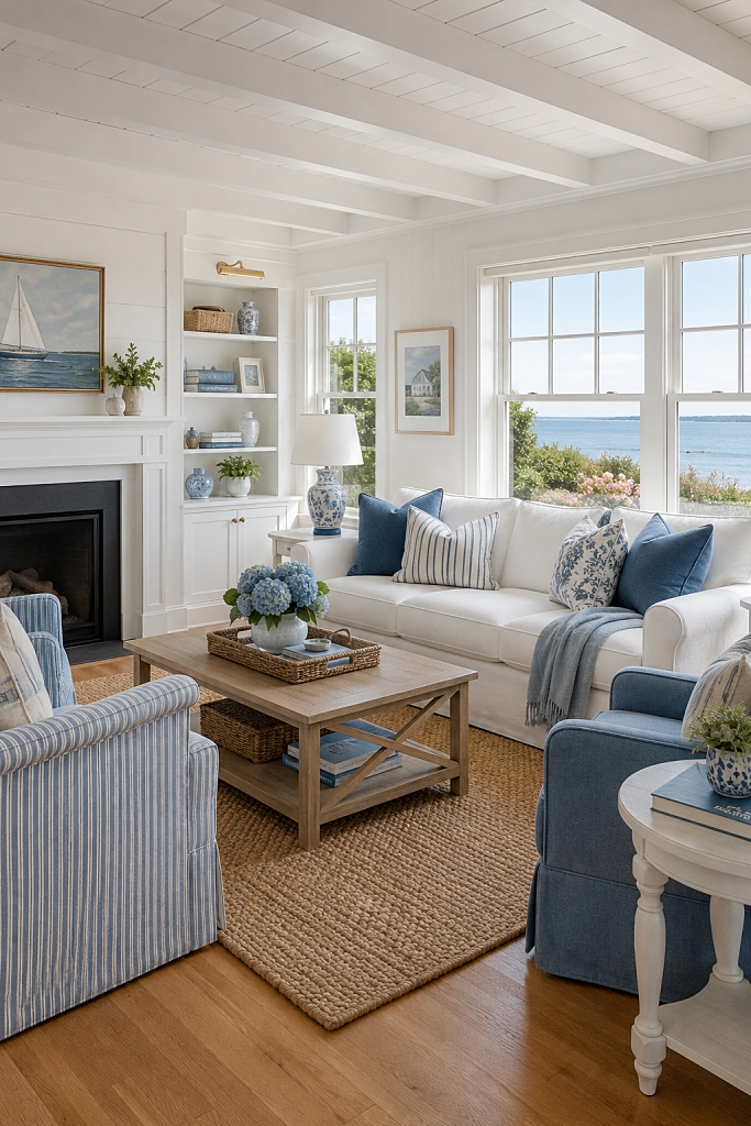 blue and white living room