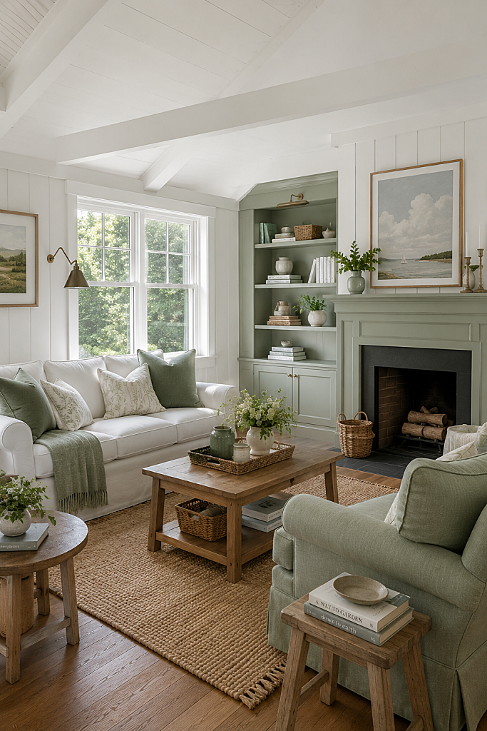 sage green and white living room