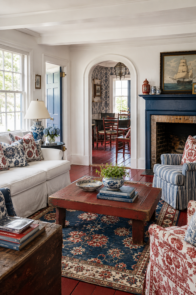 red white and blue historic living room