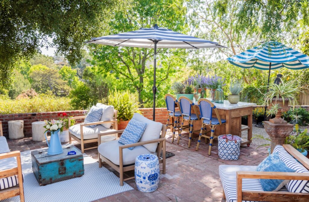 beautiful California patio dressed in blue and white
