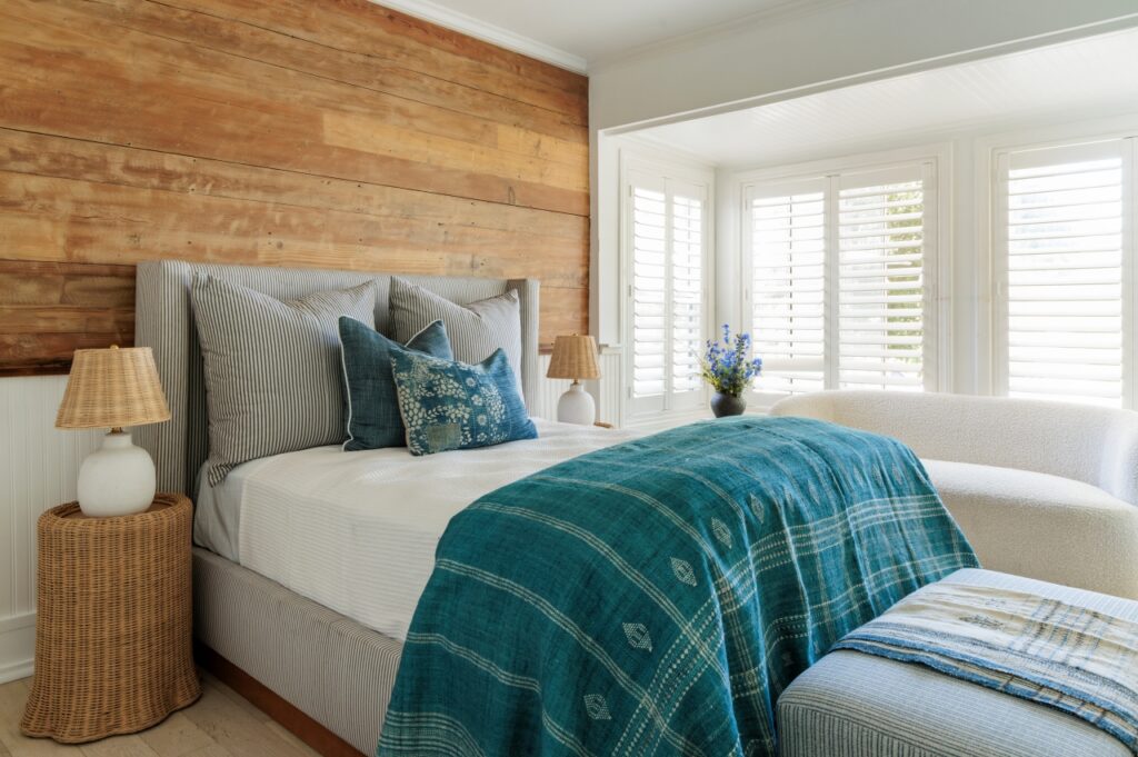 blue and wood bedroom