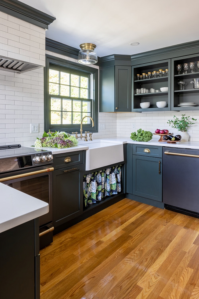 cute kitchen transformation with dark green cabinets