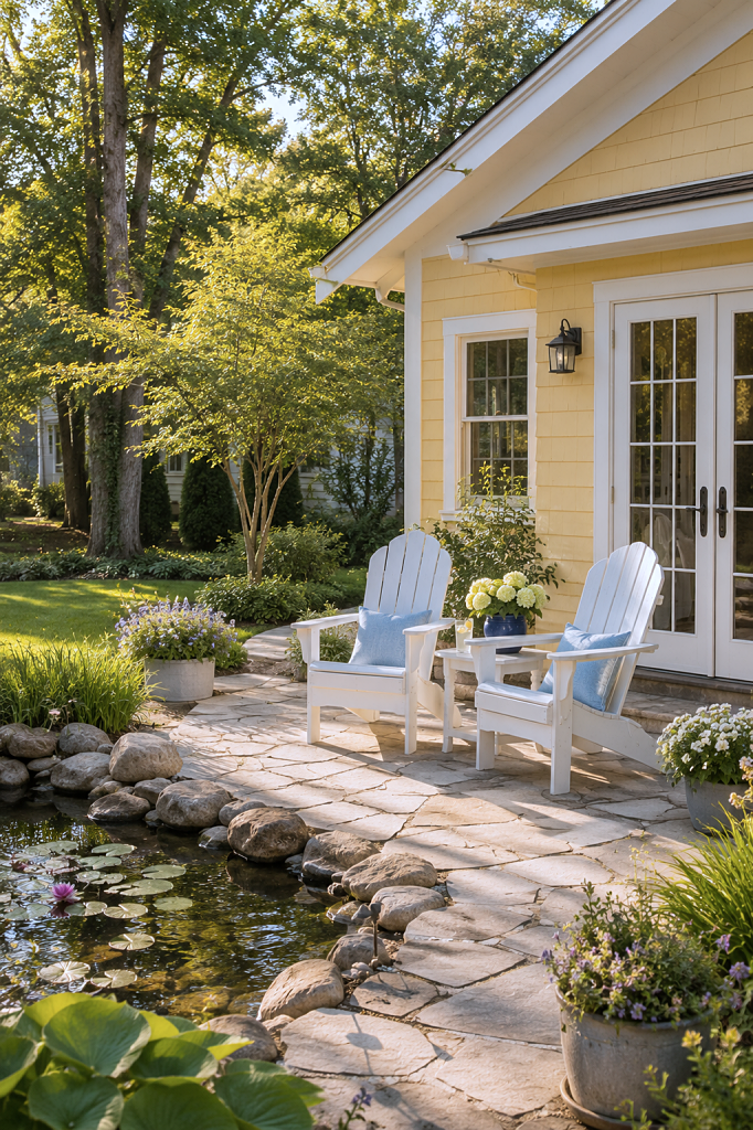 yellow bungalow with patio and pond
